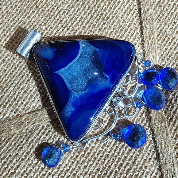 Blue Agate Sterling Silver Pendant with Dangle Beads and 20-Inch Chain - Picture 3 of 9